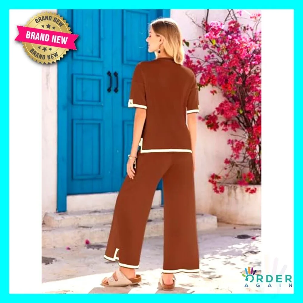 Lounge Set Two Piece Knit Pullover Top Wide Leg Pants Loungewear Travel Outfit